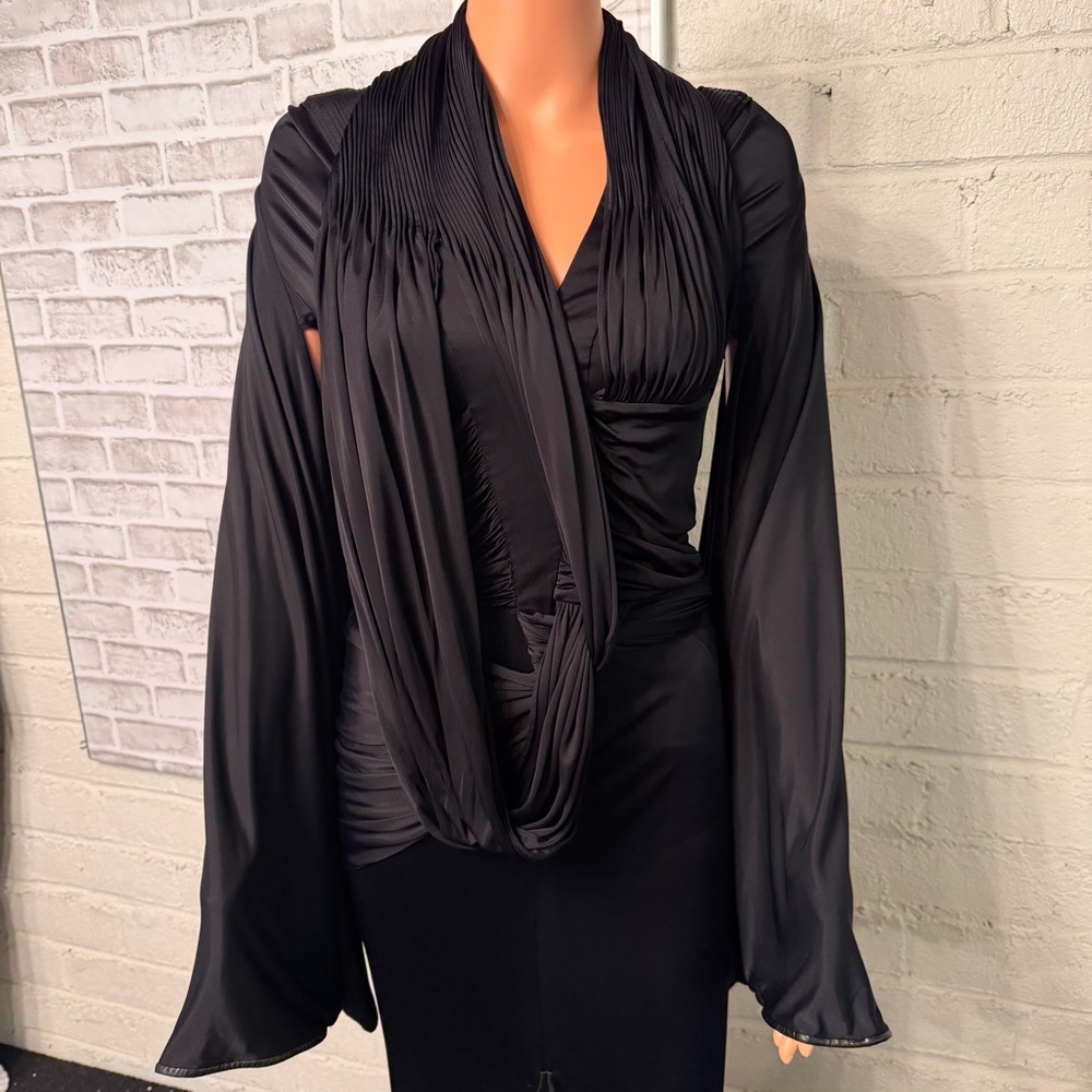 Givenchy SS14 Viscose Drapey Dress Black size FR 34 Leather trim Front Slit - Picture 4 of 14
